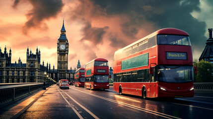 London with red buses against Big Ben in England UK