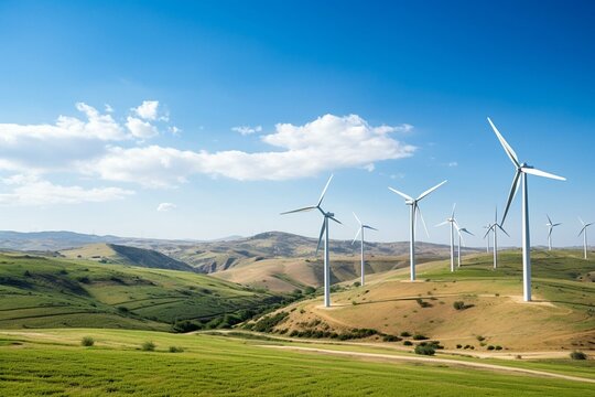 Scenic wind turbines on hilly terrain, with tree foreground and blue sky. Generative AI