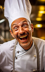 A joyful and happy-looking chef, with a smile and an enthusiastic gaze
