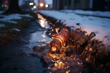 Water leakage from a faulty frozen copper pipe. Generative AI - obrazy, fototapety, plakaty