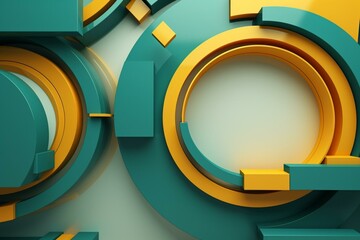 Turquoise and yellow tech background featuring a geometric 3D structure. Clean, minimal design with simple futuristic forms. 3D rendered. Generative AI