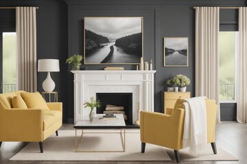 Interior mockup with picture frame on a Wall. Living room with sofa and painting on a wall 3D render.