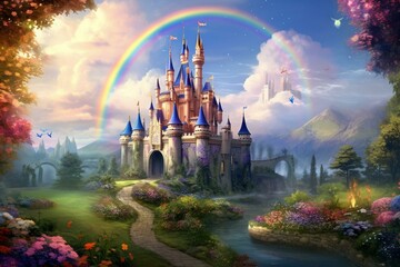 Lively garden with fluttering butterflies, vivid rainbows, and a majestic castle in the distance. Exudes an enchanting and magical ambiance. Generative AI