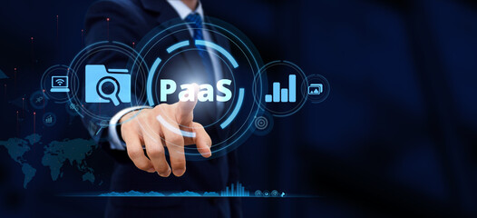 Hand pressing icon on interface PaaS, Platform as a Service. Internet technology and development concept.
