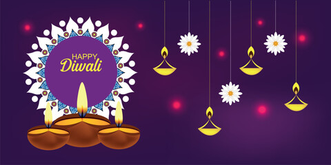 Happy Diwali - festival of lights colourful banner template design with decorative Diya lamp