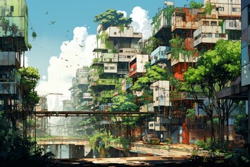 Urban landscape with lush vegetation, transformed by artistry. Generative AI
