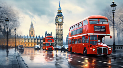 London the UK. Red bus in motion and Big Ben