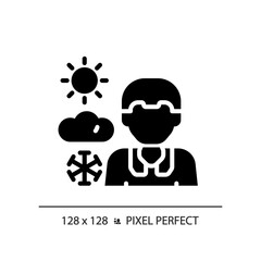 2D pixel perfect glyph style weather newscaster icon, isolated vector, thin line illustration representing journalism.
