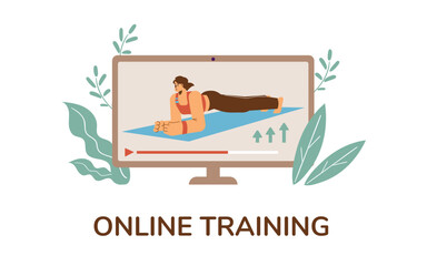 Banner about online training with video on monitor flat style, vector illustration