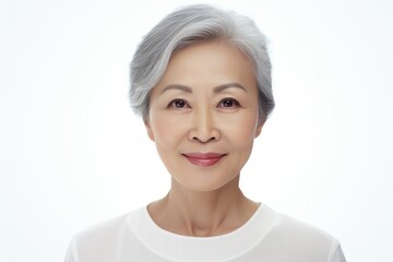 Portrait of Senior Gray Haired Asian Woman Sincerely and Friendly Looking at Camera.