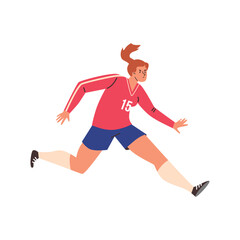 Running serious girl in football uniform flat style, vector illustration
