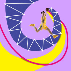 Contemporary art collage. Young professional basketball player in action, motion over vivid background with colorful abstract drawings. © Lustre Art Group 