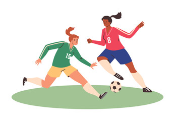 Emotional girls playing football flat style, vector illustration