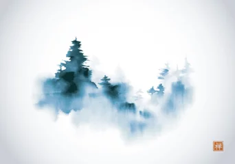 Fotobehang Minimalist ink landscape with blue trees, shrouded in dense fog on white background. Traditional oriental ink painting sumi-e, u-sin, go-hua. Hieroglyph - zen © elinacious