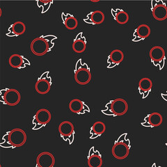 Line Circus fire hoop icon isolated seamless pattern on black background. Ring of fire flame. Round fiery frame. Vector