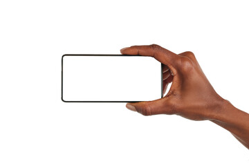Black woman hand holds smart phone horizontally - obrazy, fototapety, plakaty
