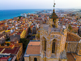 Aerial view of the Primatial Cathedral of Tarragona, a Roman Catholic church in Tarragona, Catalonia, Spain