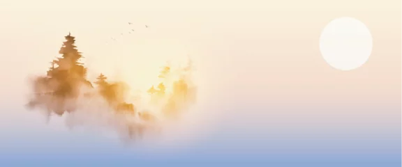 Crédence de cuisine en verre imprimé Blanche Minimalist ink landscape with trees, shrouded in dense morning fog and sunrise sky. Traditional oriental ink painting sumi-e, u-sin, go-hua.