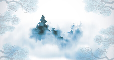 Minimalist ink landscape with blue pine trees, shrouded in dense fog. Traditional oriental ink painting sumi-e, u-sin, go-hua.