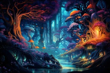 Vibrant, magical land with enchanted trees and ethereal luminosity. Generative AI