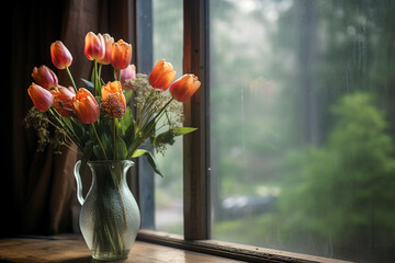 A bouquet of flowers on a window sill, outside the autumn atmosphere