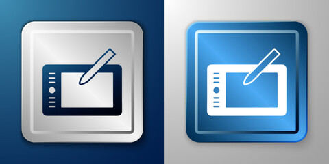 White Graphic tablet icon isolated on blue and grey background. Silver and blue square button. Vector
