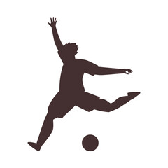 Fototapeta na wymiar Silhouette of football player running and kicking ball, flat vector illustration isolated on white background.