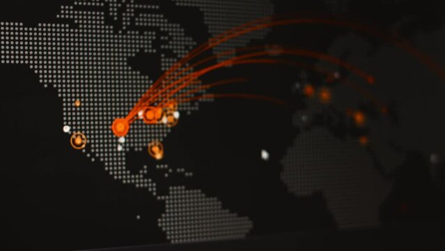 Cyber attack map. Professional team of cyber security specialists writing program code and working with holographic map on computers in IT