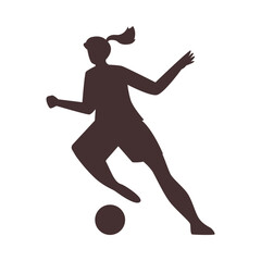 Fototapeta na wymiar Woman kicking ball during soccer game, black silhouette, flat vector illustration isolated on white background.