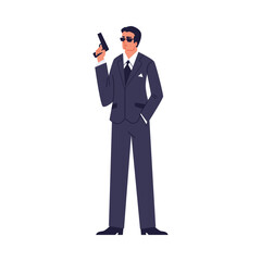 Special secret agent in dark formal suit and glasses armed with a pistol, detective on mission flat vector illustration
