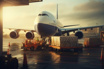 Cargo plane loading at airport terminal. Generative AI