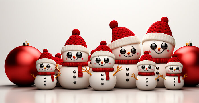 Winter holiday christmas background banner - Close-up of snowmen on snowy bokeh background - AI generated image
