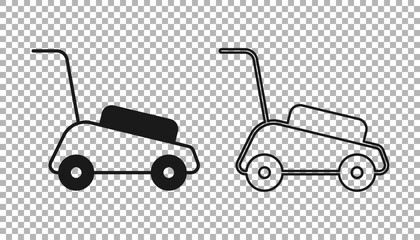 Black Lawn mower icon isolated on transparent background. Lawn mower cutting grass. Vector