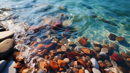 Fototapeta na wymiar Top view, light pebbles on the seashore, water coming in