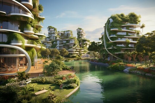 3D artwork featuring contemporary green buildings beside a tropical riverbank. Generative AI