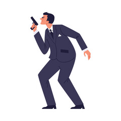 Secret agent or spy with gun, flat vector illustration isolated on white background.