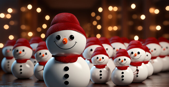 Winter holiday christmas background banner - Close-up of snowmen on snowy bokeh background - AI generated image