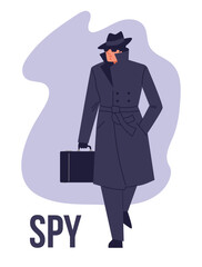 Mysterious spy with briefcase, wearing hat, coat and sunglasses, flat vector illustration on white background.