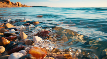 Top view, light pebbles on the seashore, water coming in