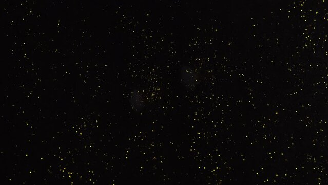 Golden glitter sparkle confetti background. Dark golden shimmer paint flowing on the black wall. Festive party background