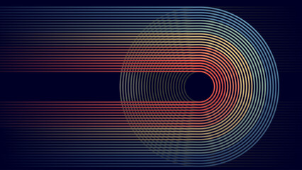 Abstract background with retro stripes and lines on dark blue background.