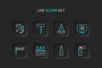 Set line Perfume, Bottle of wine, Bottles, Carnival mask, Flag Italy, Slice pizza, Wine corkscrew and Map icon. Vector
