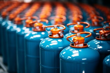 Orange gas cylinder among blue cylinders, close-up. Generative AI - obrazy, fototapety, plakaty