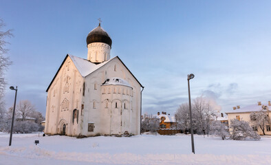 Veliky Novgorod, Russia. Street view with the Church of the Transfiguration