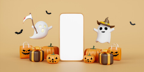 Halloween sale banner template. Festive banner with 3d spooky pumpkins, smartphone, ghost and bat. copy space. 3d render.