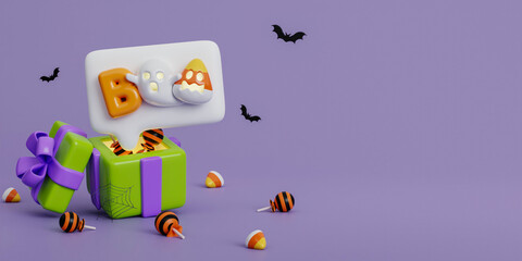 3d Halloween give box with candy and text box Boo! on purple background. Happy Halloween concept. Traditional october holiday. copy space. 3d render.