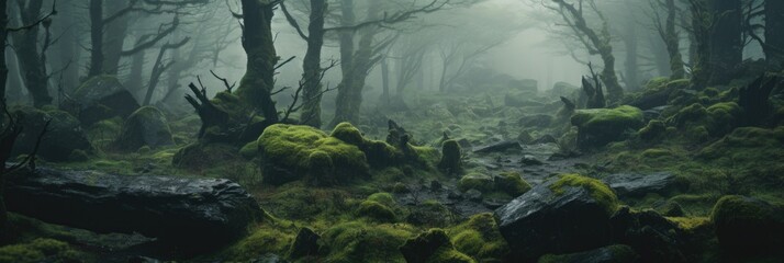 Landscape, A dramatic mist-covered forest 