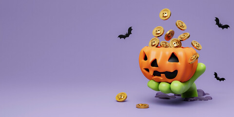 3d Happy Halloween. Zombie hand hold Jack-o-Lantern pumpkin with coin on purple background. Happy Halloween concept. Traditional october holiday. copy space. 3d render.