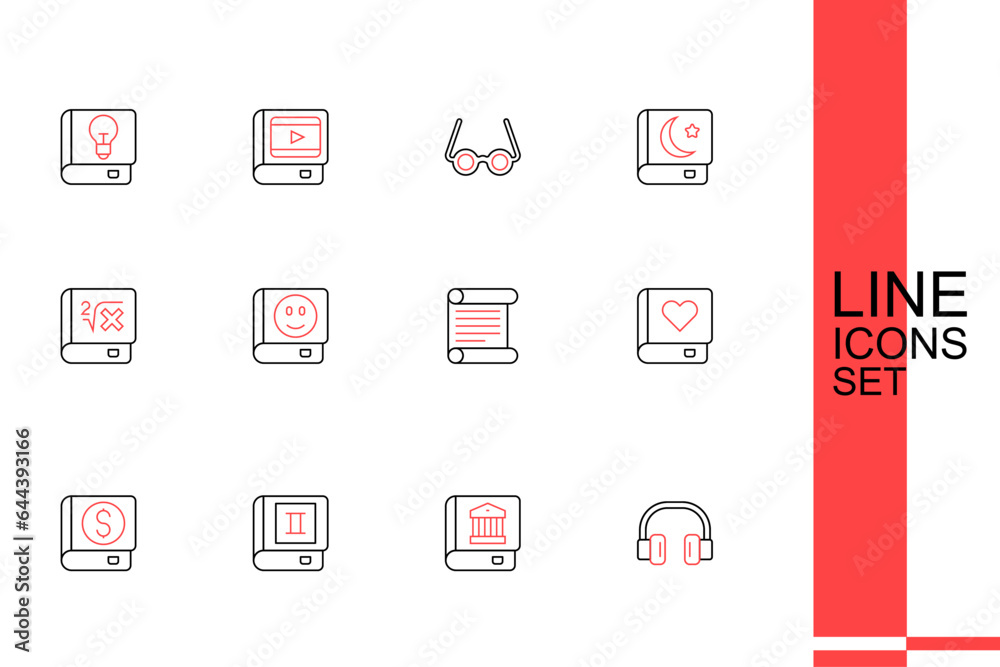 Wall mural Set line Headphones, Law book, Book, Financial, Romance, Decree, parchment, scroll, and with mathematics icon. Vector