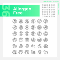 2D pixel perfect black icons pack representing allergen free, editable thin line illustration.